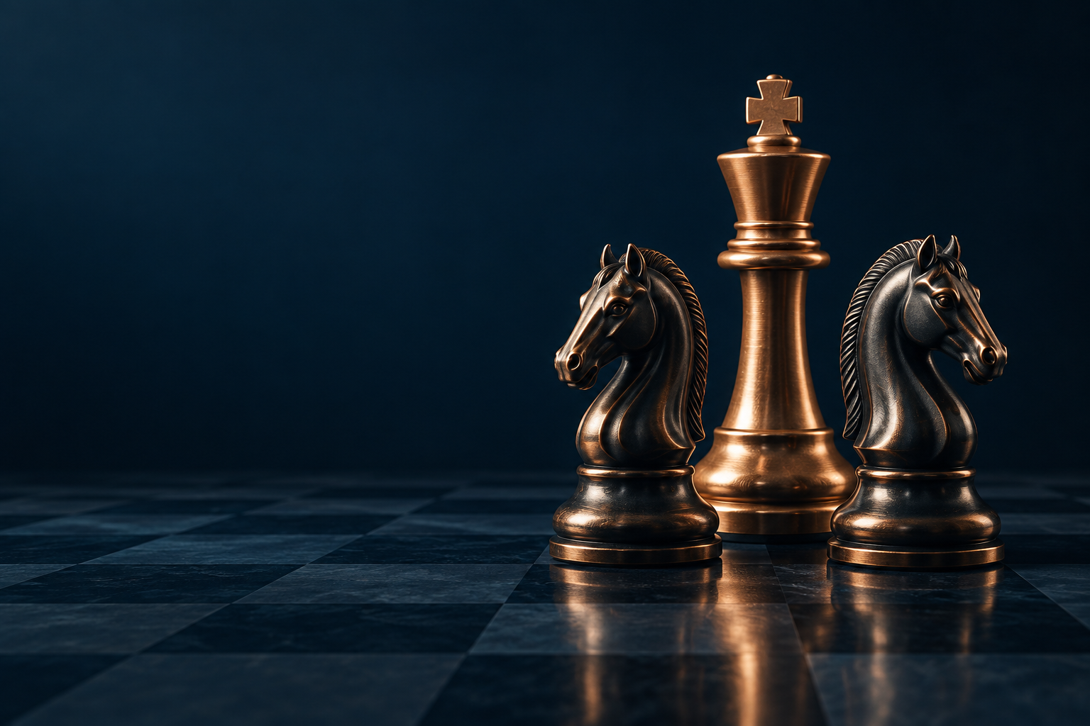 A bronze king flanked by two dark bronze knights on a navy chessboard